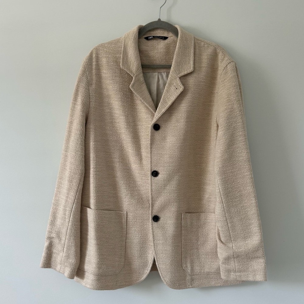 Zara Tan Beige Boucle Knit Cotton Single Breasted Textured Blazer Jacket XL
